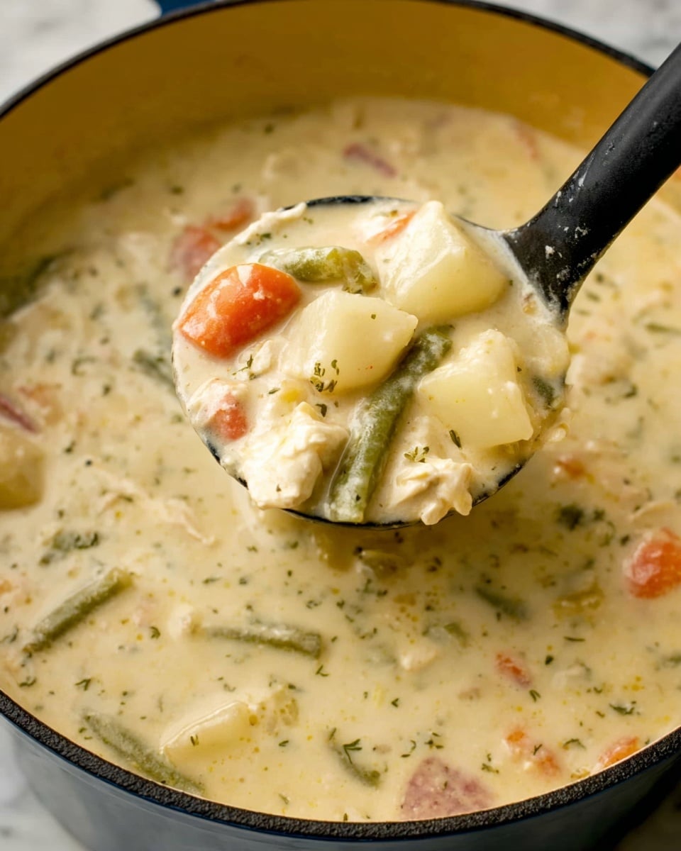 A close-up view of a thick creamy soup inside a pot, with a ladle lifting a portion. The soup has a pale yellow creamy base, filled with chunks of white potatoes, orange carrots, small green beans, and bits of white chicken or similar meat. There are small green herb specks scattered throughout the soup, giving texture and color contrast to the creamy mix. The ladle is black and shiny, showing the soup’s thickness and ingredients clearly. The pot’s inside edge is yellowish, visible around the soup’s surface. The background is a white marbled texture. photo taken with an iphone --ar 4:5 --v 7
