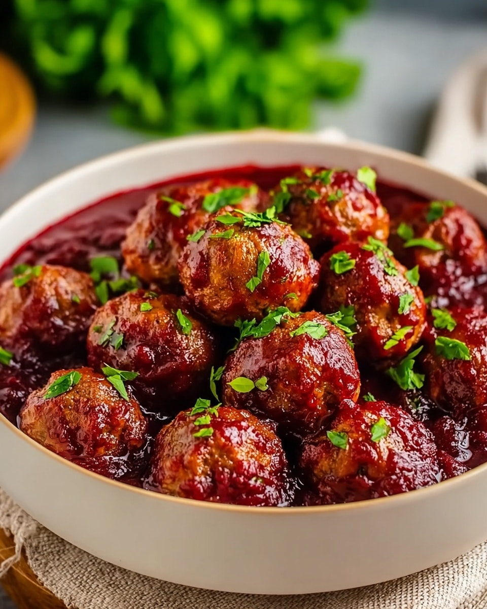 A white bowl filled with two layers: the bottom layer is a deep red thick sauce with a glossy, slightly chunky texture, and the top layer has about fifteen round, golden-brown meatballs each covered with the same thick red sauce. Small bright green herb leaves are sprinkled evenly over the meatballs, adding a fresh contrast to the rich colors. The bowl sits on a light brown textured cloth with a blurred green background suggesting fresh herbs. Photo taken with an iphone --ar 4:5 --v 7