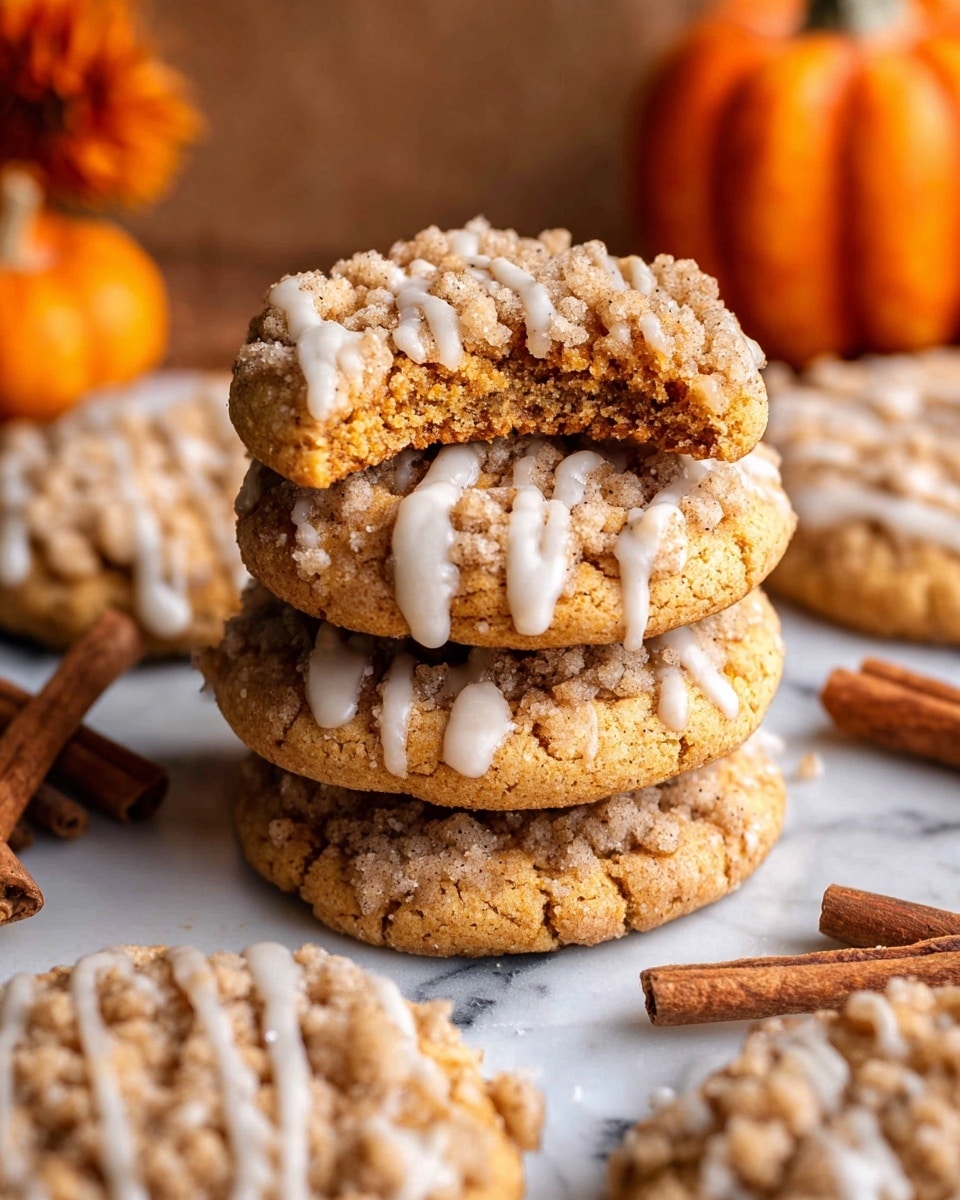 The image shows a stack of four round cookies with a golden-brown color, each topped with a crumbly, textured streusel layer that is light brown and sprinkled with a white icing drizzle in thin lines. The top cookie has a bite taken out, revealing a soft inner texture and more crumbly topping beneath. Around the stack are more similar cookies, all resting on a white marbled surface with some small orange pumpkins and cinnamon sticks nearby for decoration. The overall scene has warm, cozy tones with a clear focus on the textured, layered look of the cookies. photo taken with an iphone --ar 4:5 --v 7