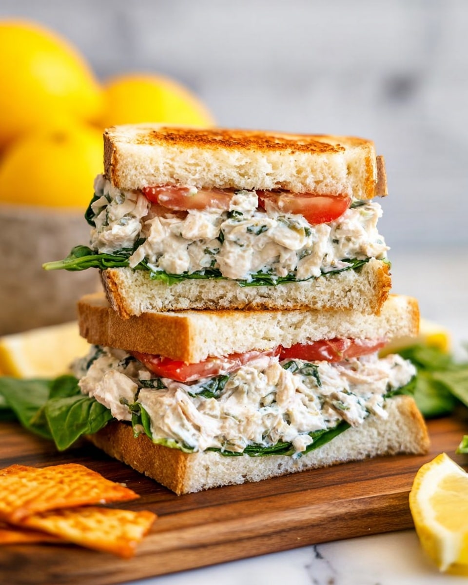 A sandwich cut in half and stacked on top of each other showing three main layers: at the top and bottom, toasted golden-brown bread with a slightly crispy texture; the thick middle layer is creamy white chicken salad mixed with green leafy spinach, topped with fresh red tomato slices. There is a piece of green leaf lettuce peeking out at the bottom left side. The sandwich is placed on a wooden board with a few broken orange crackers near it, and a sliced lemon wedge at the bottom right. The background is a white marbled texture with a blurred bowl of bright yellow lemons in the upper left. Photo taken with an iphone --ar 4:5 --v 7