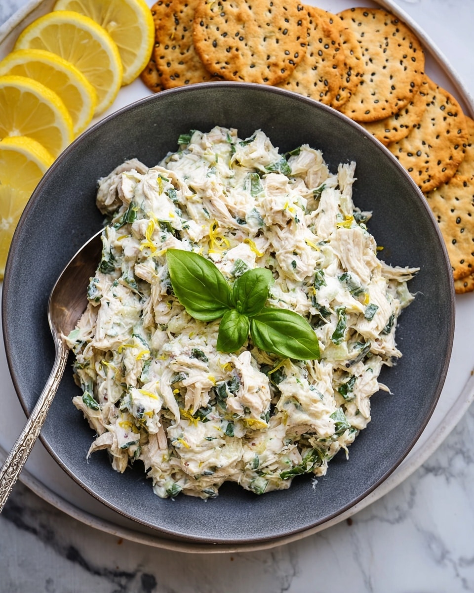 A textured mix of shredded chicken and chopped green vegetables coated in creamy white dressing fills a deep grey bowl. The dish is garnished with a fresh green basil leaf in the center and sprinkled with tiny yellow bits, likely lemon zest. A silver spoon rests inside the bowl on the left side. The bowl sits on a white plate that holds several round golden-brown crackers with black and white seeds. In the top left corner, there are several bright yellow lemon slices overlapping each other on a white marbled surface. photo taken with an iphone --ar 4:5 --v 7