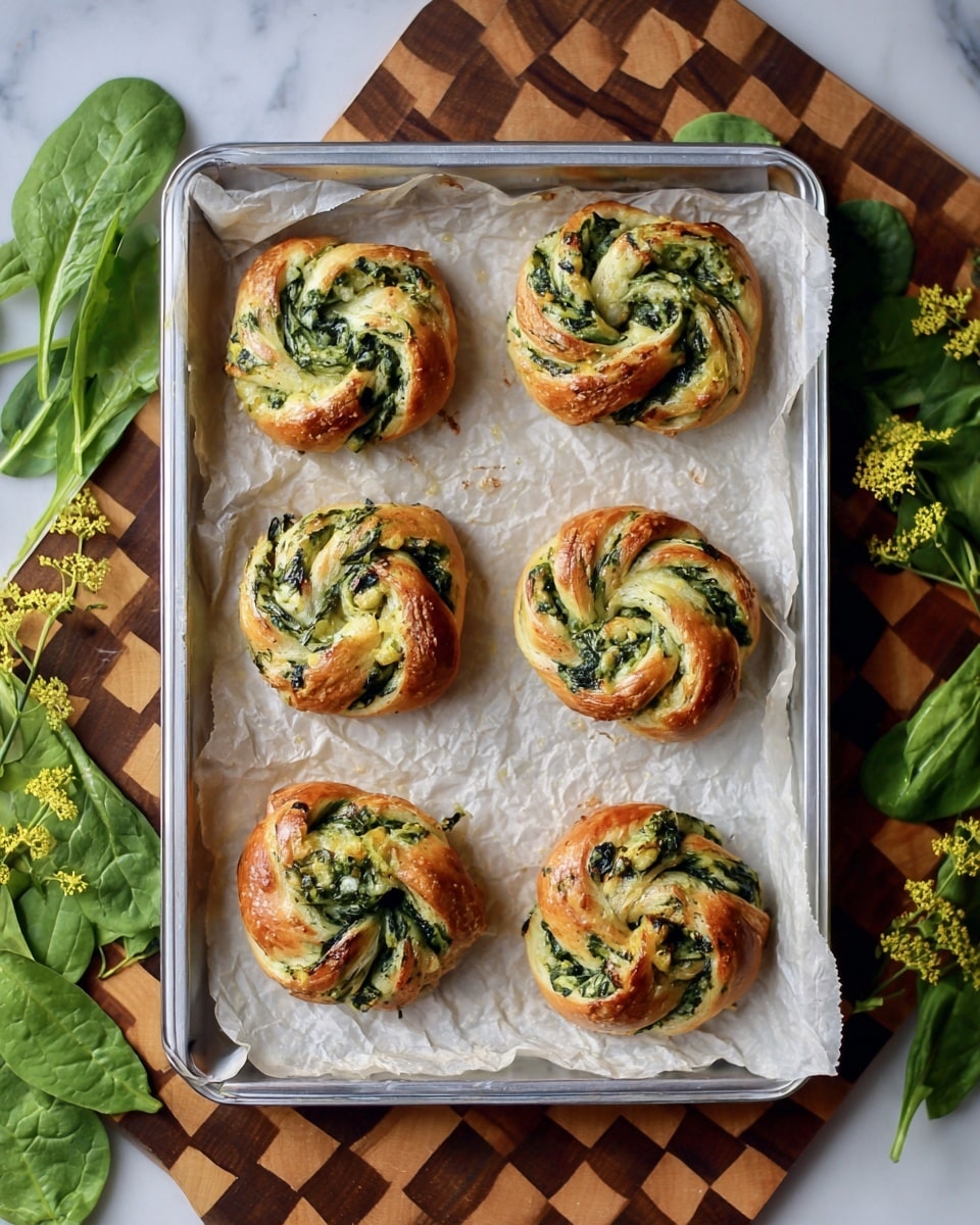 The image shows six twisted pastries arranged in two rows of three on a baking tray lined with lightly crumpled parchment paper. Each pastry has a golden brown flaky outer layer twisted to reveal a green filling that looks like spinach or herbs mixed with cheese, giving it a textured, slightly creamy look inside the swirls. The baking tray is silver and rests on a white marbled surface partially covered by a checkered wooden board. Around the tray, fresh green spinach leaves and small yellow flowers add a fresh touch to the scene. photo taken with an iphone --ar 4:5 --v 7