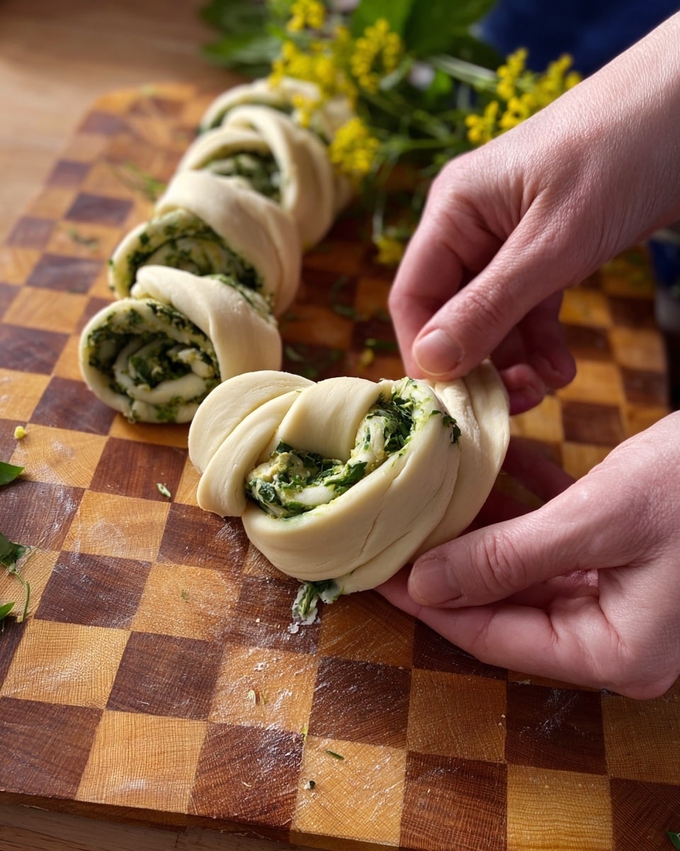 A close-up shows a woman's hand shaping a twisted dough roll filled with a green spinach mixture, placed on a wooden cutting board with a checkered pattern of light and dark squares. The dough is pale and smooth, twisted into a spiral shape with visible layers of dough and the green herb filling inside. Two more twisted dough pieces filled with the same green mixture are arranged in the background on the cutting board. Some spinach leaves and small yellow flowers sit on the side, adding freshness to the scene. photo taken with an iphone --ar 4:5 --v 7