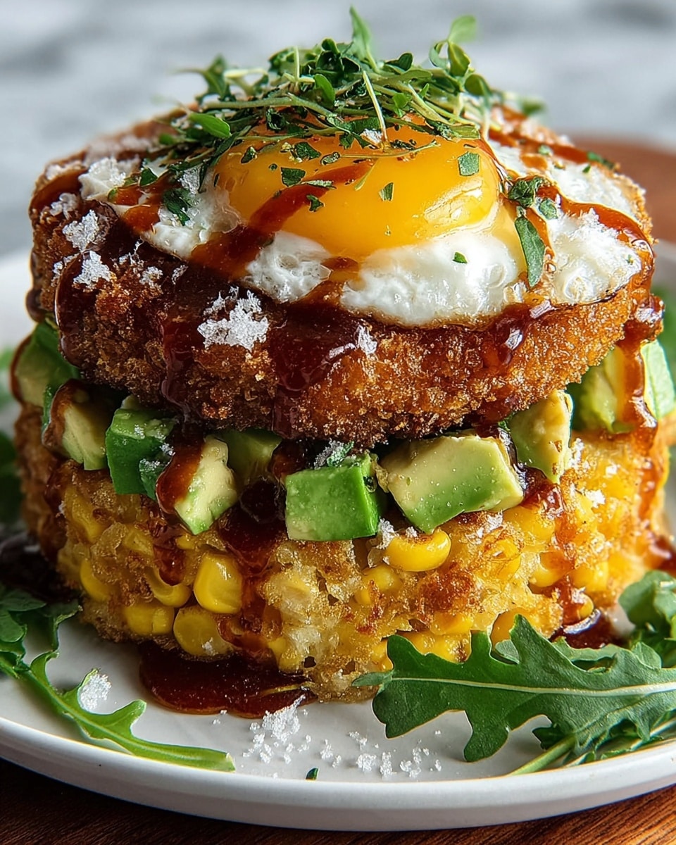 A tall stack dish with three main layers sits on a white plate against a white marbled texture. The base layer is a golden, crispy corn fritter with visible whole corn pieces and a crunchy texture. On top of this is a layer of fresh, bright green avocado chunks scattered, sprinkled with white flakes like salt. The middle layer is a thick, breaded and fried brown patty with a rough, crispy surface. The top layer is a fried egg with bright yellow yolk partially covered by white, slightly lacy cooked egg white. Over the egg is drizzled a dark reddish-brown sauce and sprinkled with finely chopped green herbs, adding color contrast. Some green leaves like arugula peek around the edges of the dish. photo taken with an iphone --ar 4:5 --v 7
