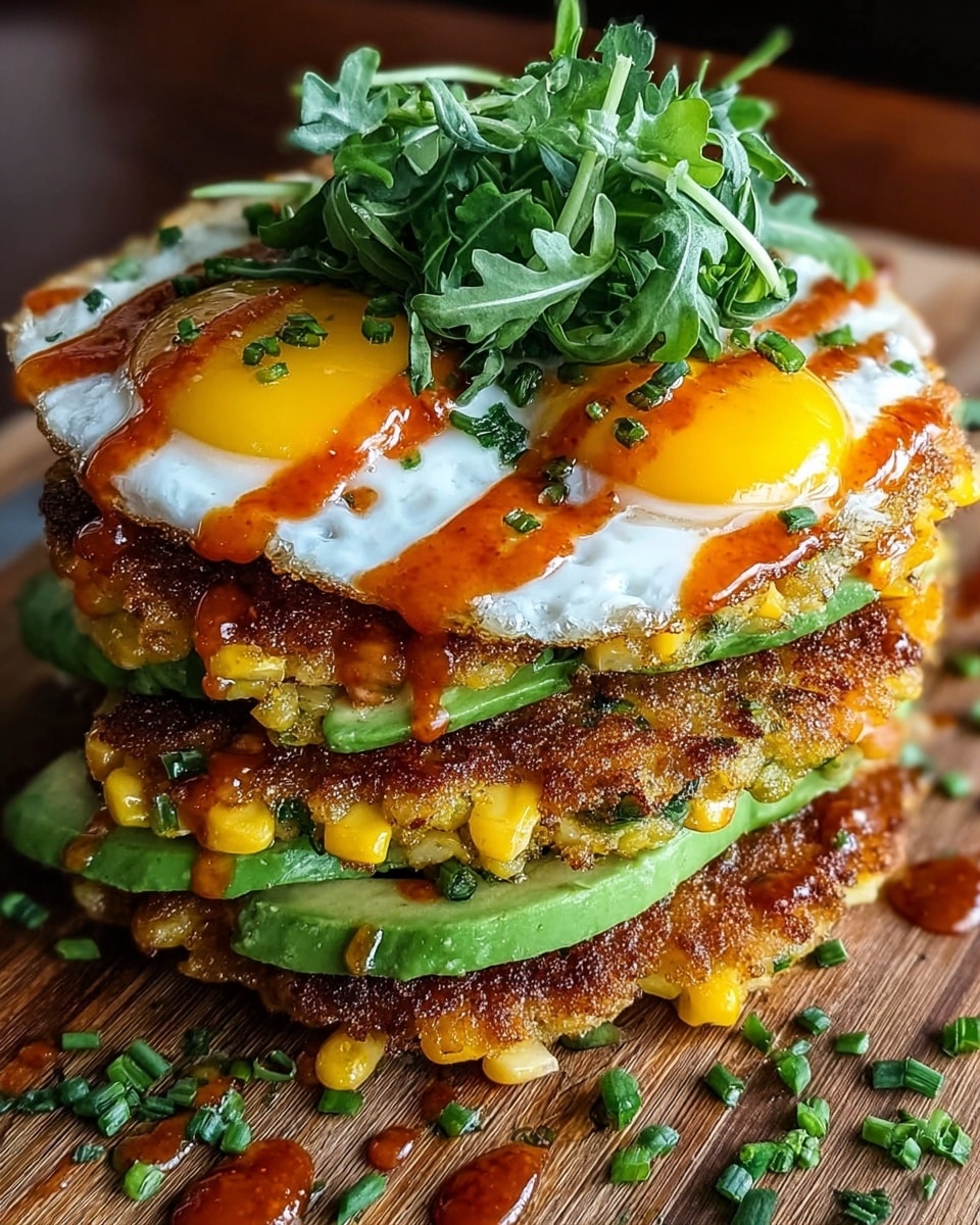 A stack of three golden-brown corn fritters with visible corn kernels and green herbs, layered with slices of bright green avocado between each fritter. On top, two sunny-side-up eggs with bright orange yolks sit, with a drizzle of reddish-orange sauce over the eggs and fritters. A small pile of fresh green arugula rests on the eggs, and small sprinkled green herbs are scattered around. The dish is placed on a wooden surface with some scattered chopped green herbs nearby. photo taken with an iphone --ar 4:5 --v 7