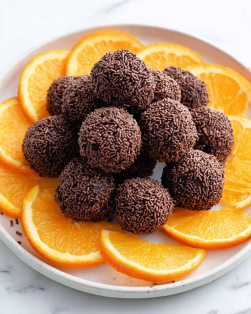 A white plate on a white marbled surface holds a pile of round chocolate truffles covered in chocolate sprinkles. Around the pile, there are fresh orange slices arranged evenly, showing their bright orange color and juicy texture. The truffles are dark brown, rough from the sprinkles, and stacked in a small mound at the center. The photo taken with an iphone --ar 4:5 --v 7