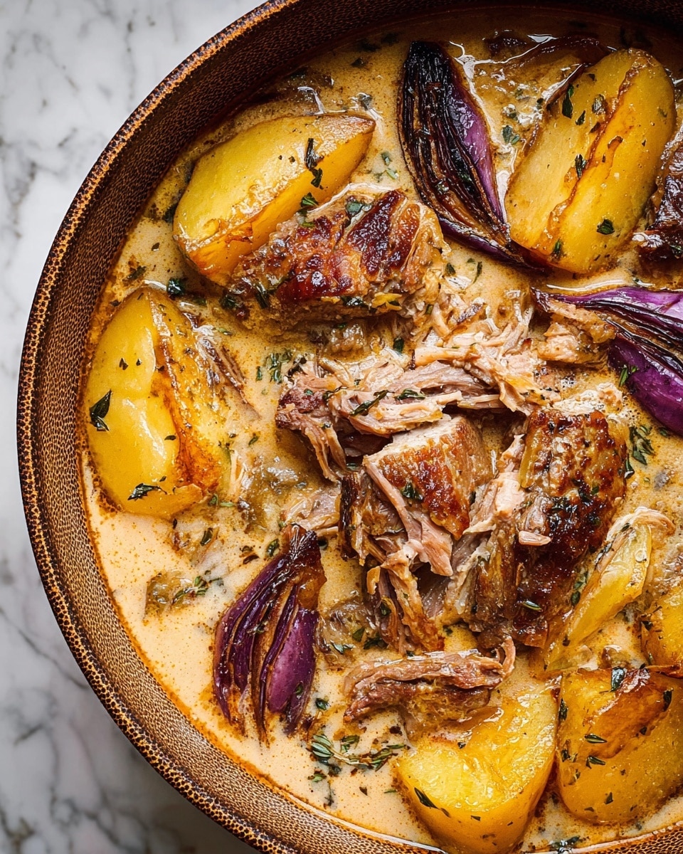 The dish shows a rich stew with three main layers visible: at the bottom is a creamy, pale orange sauce with tiny herb specks spread evenly, creating a smooth and slightly thick texture. Above the sauce are soft yellow potato wedges and slices of cooked purple onion, some slightly translucent and others with a bit of charred edge, scattered around the dish. The top layer consists of pieces of cooked meat with a browned, crispy outer surface and tender, shredded inner texture, resting partly immersed in the sauce and surrounded by the vegetables. The food is inside a round cooking pot with a textured brown rim, all placed on a white marbled surface. photo taken with an iphone --ar 4:5 --v 7