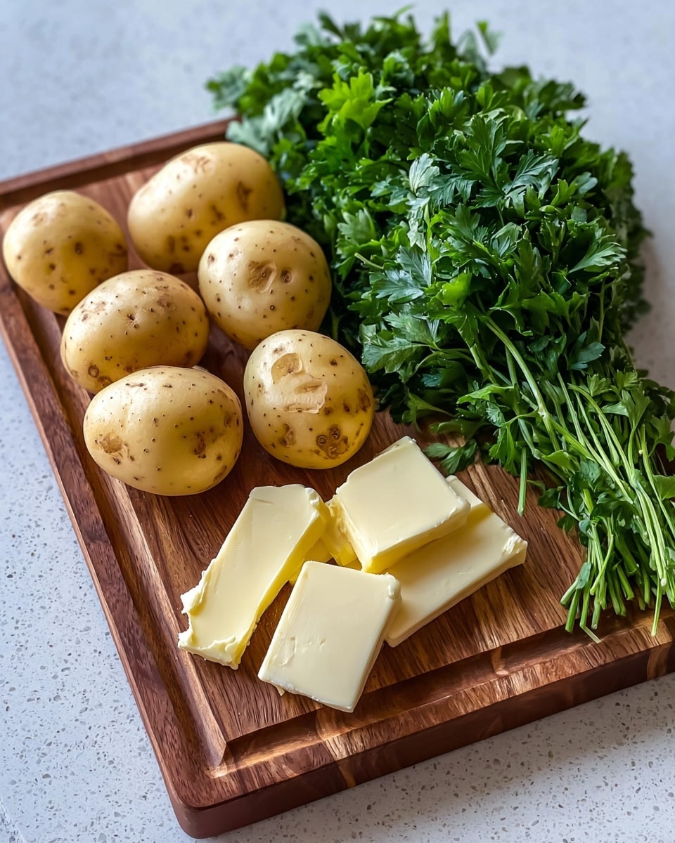 A wooden cutting board holds about ten small yellow potatoes with little brown spots spread in two rows near the center and back of the board. On the right side of the board, there is a large bunch of fresh, bright green leafy parsley with visible stems. At the front of the board, near the potatoes, there are four small pieces of pale yellow butter with smooth and slightly shiny textures. The cutting board is placed on a white marbled textured surface. Photo taken with an iphone --ar 4:5 --v 7