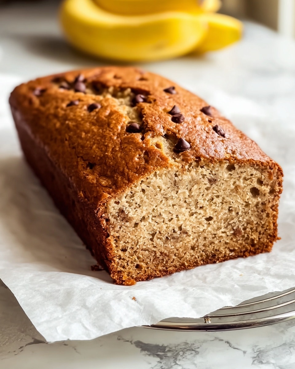 A loaf of banana bread is shown on white parchment paper on a round wire rack, placed on a white marbled surface. The bread has one large slice cut from the end, revealing a soft, light brown inside with a gentle crumb texture. The crust is a darker brown with some cracks, and the top is dotted with scattered chocolate chips. In the background, slightly out of focus, there is a bunch of ripe yellow bananas. photo taken with an iphone --ar 4:5 --v 7