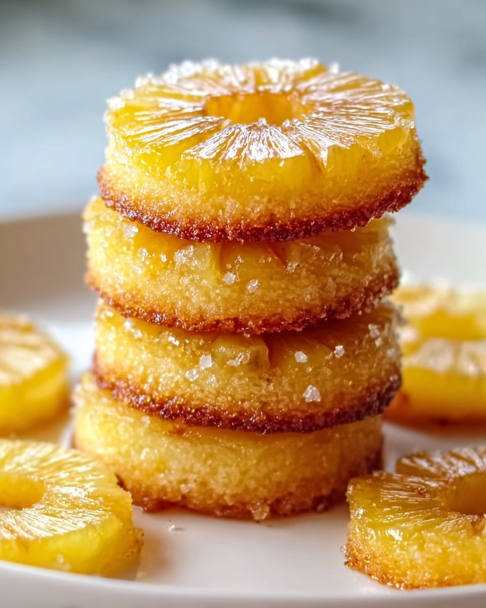 A stack of four round pineapple upside-down mini cakes is centered on a white plate with a white marbled texture surface in the background. Each cake has a golden yellow pineapple ring on top with a shiny, glazed look, slightly translucent with clear segments, and a sugar-crusted edge that shows a light brown baked cake underneath. The cake layer beneath the pineapple is light yellow and slightly crumbly, visible under the sugary rim. There are two extra pineapple rings laid flat on the same white plate, one on each side of the cake stack. The lighting highlights the moist texture of the pineapple and gives the sugar crystals a subtle sparkle. Photo taken with an iphone --ar 4:5 --v 7
