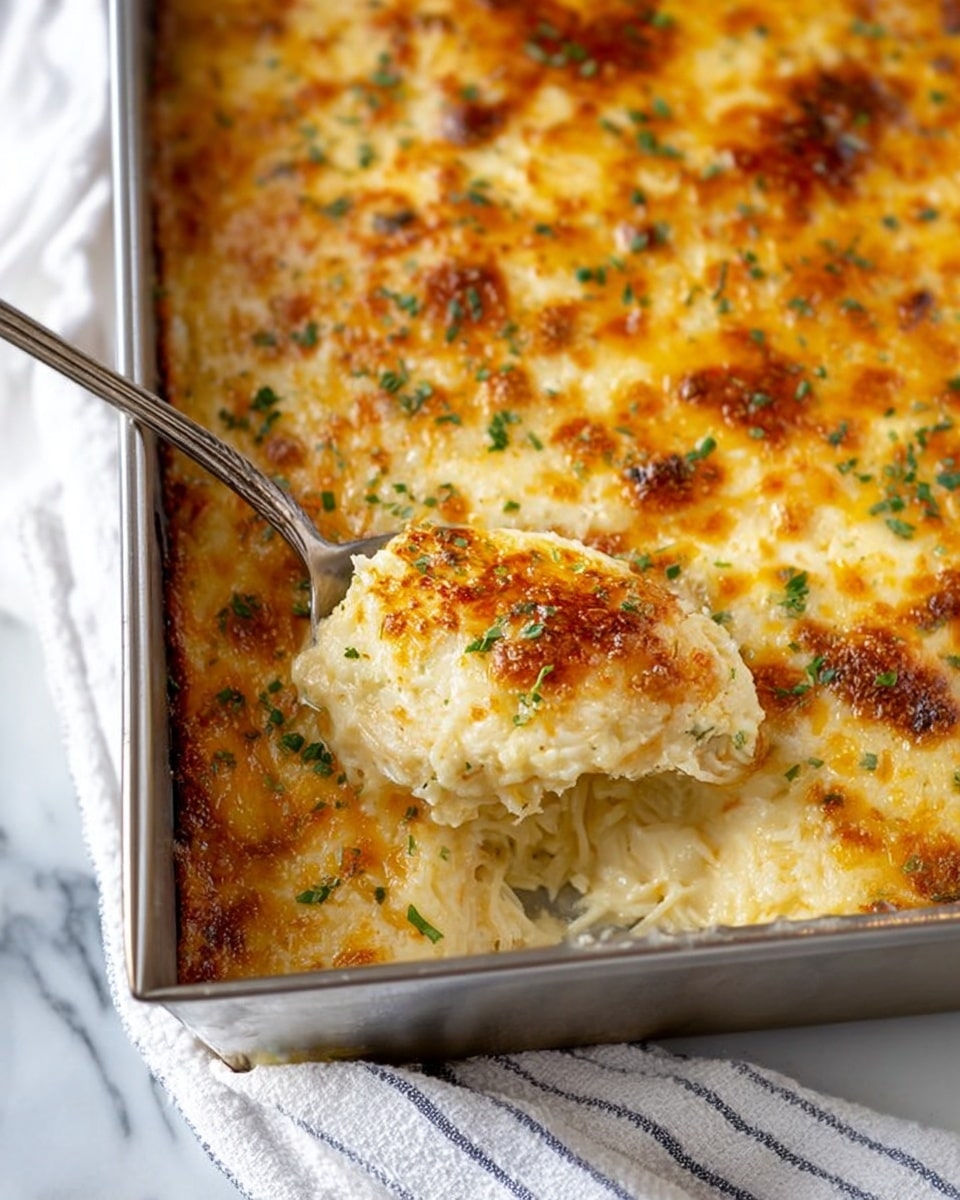 The image shows a golden brown baked dish in a metal baking pan resting on a white marbled surface with a light striped cloth underneath. The casserole has a lightly browned, slightly bubbly cheese crust on top with small sprinkles of green herbs for garnish. A spoon scoops into the dish, revealing a creamy, soft, and textured interior with a moist and cheesy look. The top layer is crispy and cheese-covered, while the inside looks smooth yet dense with mixed cheese and possibly shredded ingredients. Photo taken with an iphone --ar 4:5 --v 7