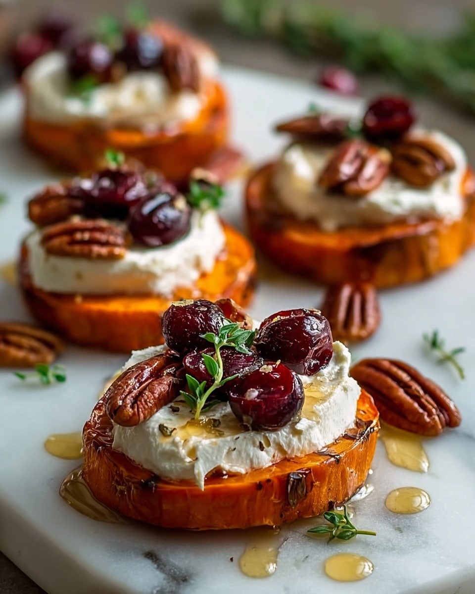 The image shows five round slices of roasted orange sweet potatoes laid out on a white marbled surface. Each sweet potato slice is topped with a thick layer of white whipped cream cheese. On top of the cream cheese, there are several shiny dark red cranberries and a few glossy pecans, giving a mix of deep red and brown colors with slight shine. Small green herb leaves are placed as a garnish on top of each stack. Golden honey is drizzled over and around the layers, creating a glossy effect and small pools on the white surface. Photo taken with an iphone --ar 4:5 --v 7