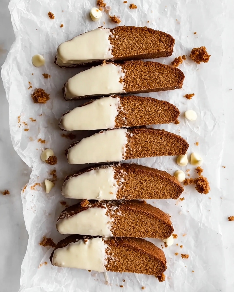 Six pieces of brown biscotti arranged in a vertical line on a white marbled textured surface covered partly with crinkled wax paper. Each biscotti piece is half-dipped in a smooth, creamy white icing on the right side, creating a contrast between the dark brown crumbly texture of the biscotti and the glossy white icing. There are small crumbs and a few scattered white chocolate chips around the biscotti pieces, adding texture and detail to the scene. The lighting is bright and natural, enhancing the colors and textures. Photo taken with an iphone --ar 4:5 --v 7
