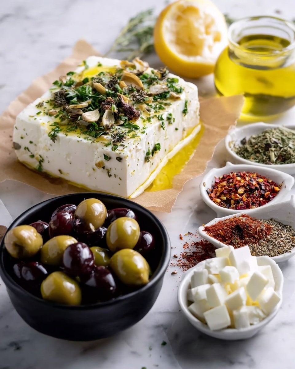 The image shows a close-up of a food arrangement on a white marbled surface featuring a block of white feta cheese topped with green herbs and a drizzle of yellow olive oil, placed on a piece of brown parchment paper; next to it are two small piles of dried green and red spices. In front of the cheese is a black bowl filled with shiny green and purple olives. Surrounding these central items are small white bowls containing chopped white mushrooms, white crumbled cheese, and dark red dried pepper flakes, as well as a clear glass container filled with olive oil and a halved lemon showing its pale yellow interior. Photo taken with an iphone --ar 4:5 --v 7