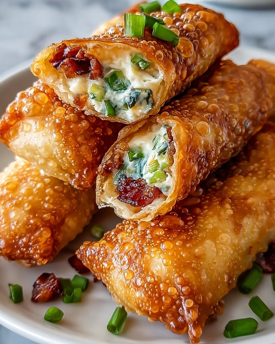 The image shows four golden-brown crispy egg rolls on a white plate with a white marbled texture underneath. Two egg rolls are whole with a bubbly, crunchy shell, while two are cut in half, revealing a creamy white filling mixed with bright green chopped scallions and small, dark red-brown crispy bacon pieces. The egg rolls are stacked closely, with some scallion pieces scattered on the plate. The lighting highlights the shiny, textured surface of the fried rolls and the fresh colors of the filling, photo taken with an iphone --ar 4:5 --v 7