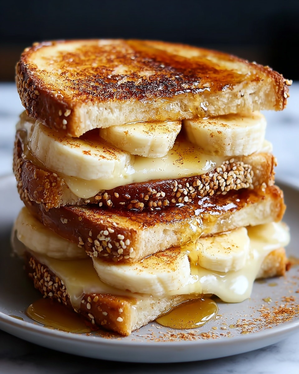 A close-up view of a stacked grilled sandwich on a white plate, set on a white marbled surface. The sandwich has two layers of toasted golden-brown bread with visible crisp texture and light sesame seeds on the crust. Between each slice of bread, there are thick slices of fresh banana, creamy melted cheese with a smooth texture, and a drizzle of golden honey. The sandwich is sprinkled with a light dusting of cinnamon or spice, giving a warm contrast to the yellow and brown tones. Photo taken with an iphone --ar 4:5 --v 7