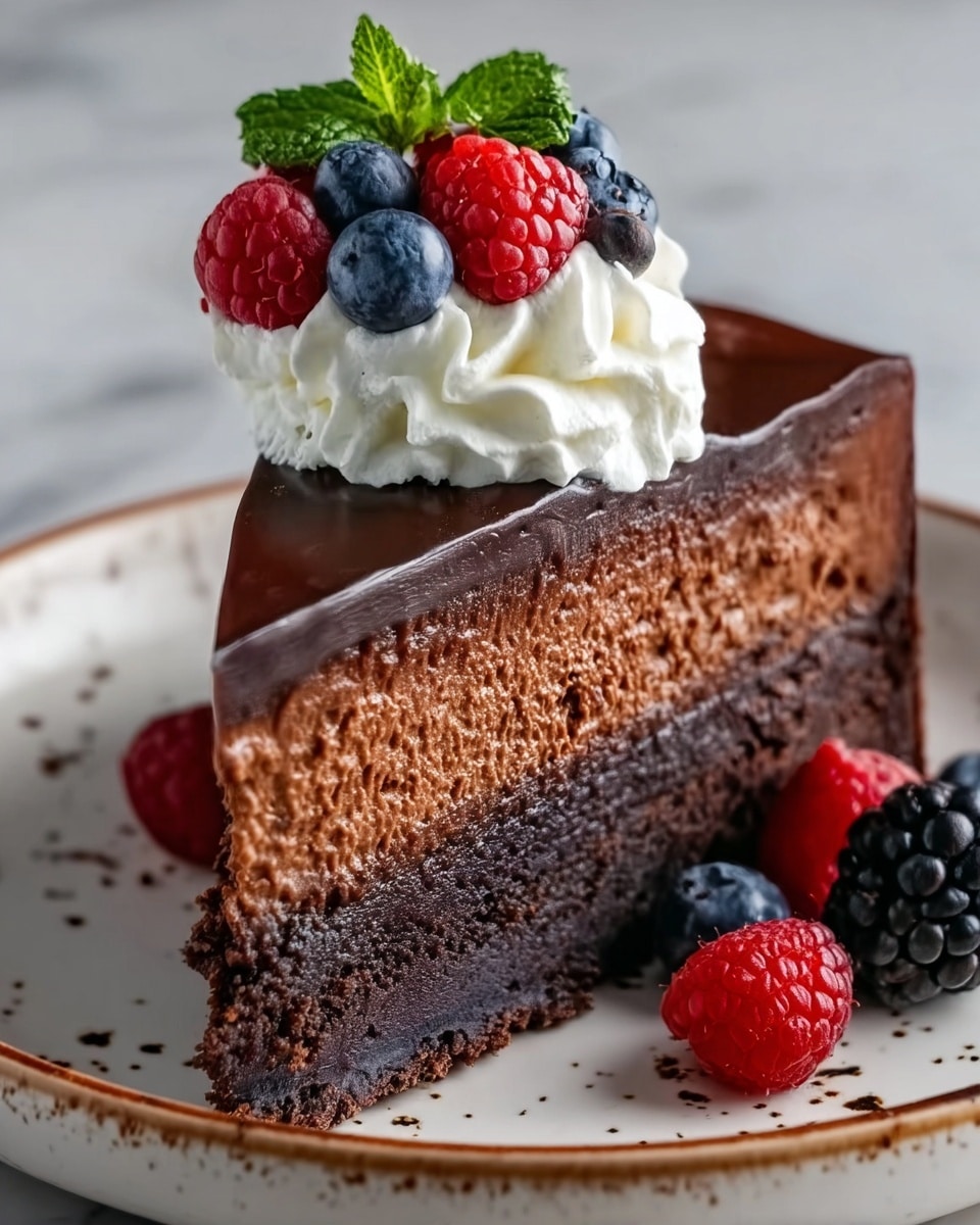 A slice of rich chocolate cake with three visible layers sits on a white plate with brown speckles; the bottom layer is a dark, firm crust, the middle layer a thick, creamy chocolate filling with a textured surface, and the top layer is a smooth, shiny chocolate glaze. On top of the cake, there is a dollop of white whipped cream, garnished with a small green mint leaf and a cluster of fresh berries including red raspberries, blue blueberries, and dark blackberries. A few more berries rest on the plate around the cake. The background is a white marbled texture. photo taken with an iphone --ar 4:5 --v 7