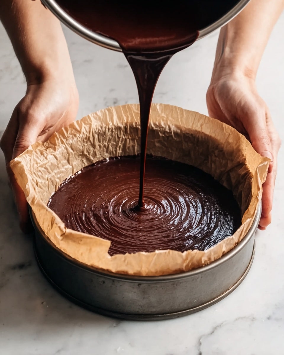 A close-up view shows dark, smooth chocolate batter being poured from a metal bowl into a round baking pan lined with crumpled brown parchment paper, filling the pan about halfway and creating a glossy swirled texture on the surface of the batter. The baking pan sits on a white marbled surface, and two woman's hands hold the bowl steadily above it. Photo taken with an iphone --ar 4:5 --v 7