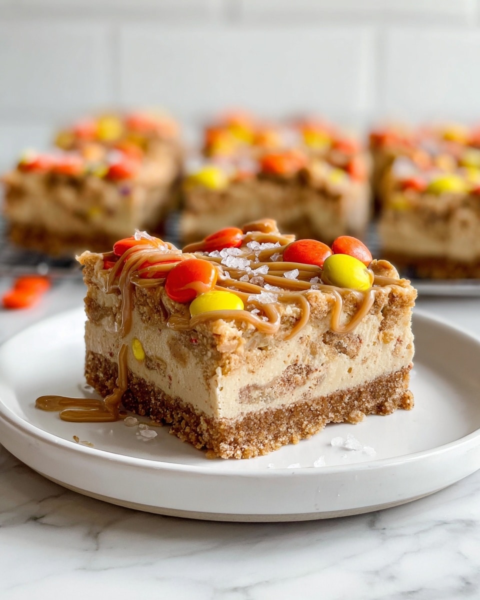 A square dessert bar sits on a white plate with a base layer of crumbly brown crust, a thick middle layer of creamy light beige filling with chunks mixed inside, and a top layer scattered with colorful orange, yellow, and brown candy pieces. The top is drizzled with light brown peanut butter sauce, slightly flowing down the sides, with a few flakes of sea salt sprinkled on top. More similar square bars are blurred in the background on a white marbled surface, showing a soft focus that draws attention to the front bar. photo taken with an iphone --ar 4:5 --v 7
