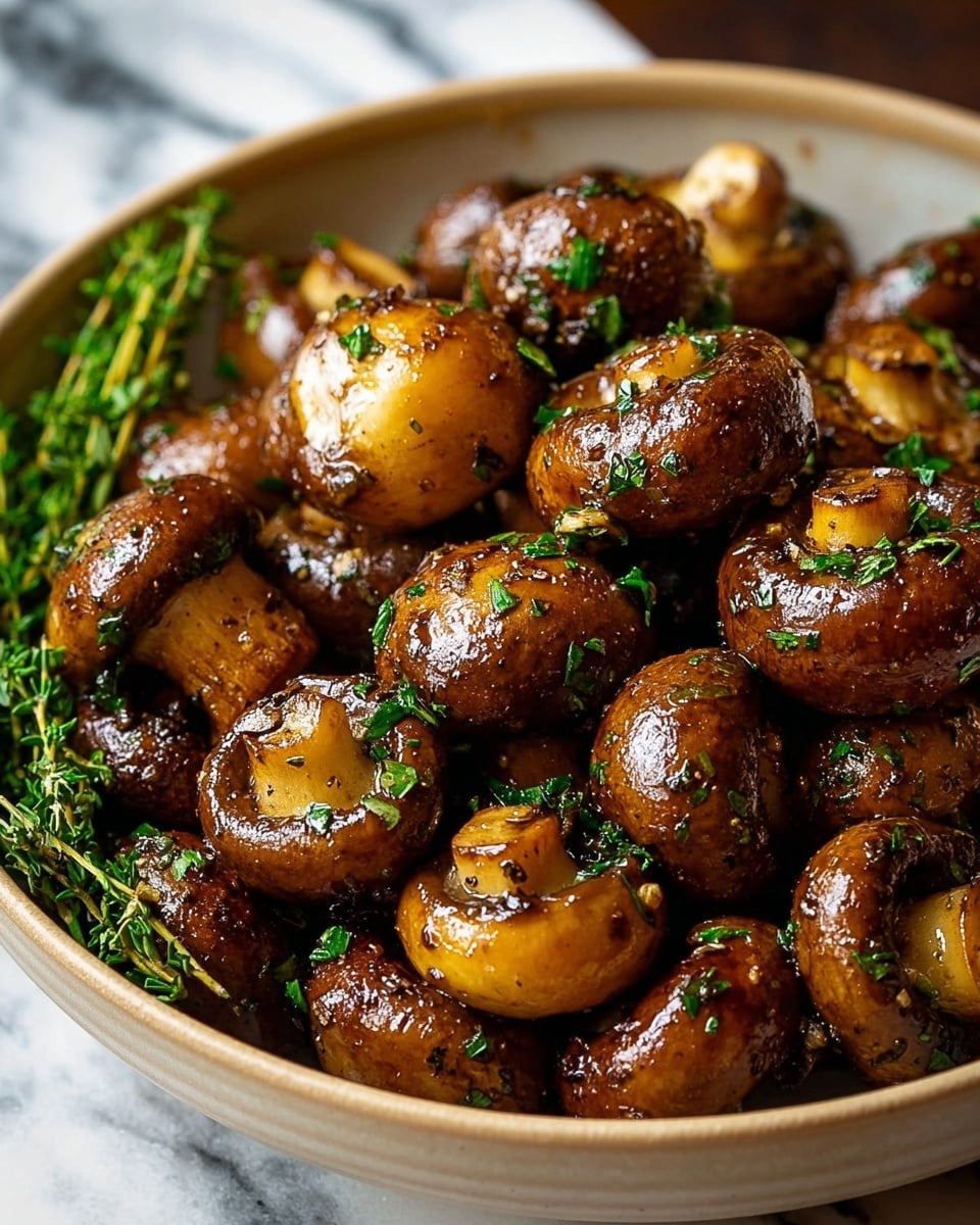 A close-up view of a bowl filled with glossy, cooked whole mushrooms that have a rich brown color and a slightly caramelized texture. The mushrooms are garnished with finely chopped green herbs scattered evenly on top, giving a fresh contrast to the warm tones. The bowl itself is a neutral color with a simple finish, and a small bunch of fresh herbs sits on the side inside the bowl, adding a touch of green. The background shows a white marbled surface that complements the natural tones of the mushrooms. photo taken with an iphone --ar 4:5 --v 7