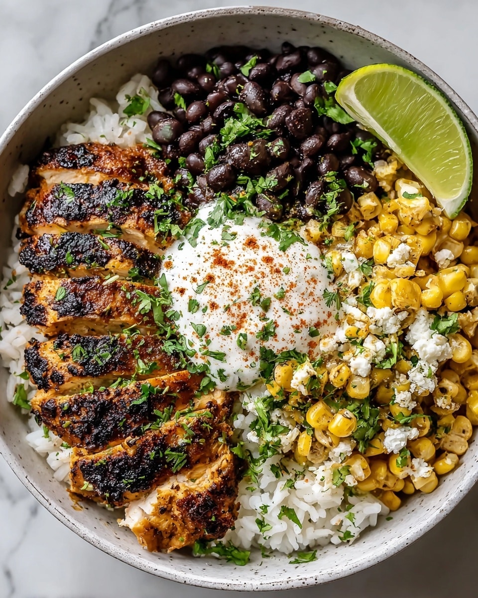 A bowl with four main layers starting at the bottom with white rice filling the base. On the left side, slices of grilled chicken with dark char marks and sprinkled green herbs are neatly placed over the rice. On the top center, a spoonful of black beans is visible with a few green leaves scattered. To the right of the beans, there is a layer of grilled corn kernels mixed with white creamy cheese, both sprinkled with chopped herbs. At the center of the dish, a dollop of white creamy sauce is topped with finely chopped green herbs and a light dusting of red spice. A wedge of lime rests on the right edge of the bowl. The bowl itself is white with a slightly speckled texture, set against a white marbled surface. photo taken with an iphone --ar 4:5 --v 7