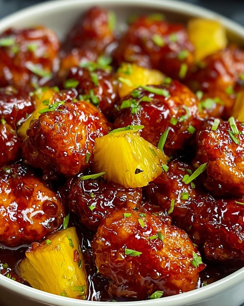 The image shows a close-up of glossy, golden-brown glazed pieces of food coated in a rich, sticky dark red sauce with bits of finely chopped onions visible on the surface. Interspersed among the pieces are bright yellow chunks of pineapple with a shiny texture, and small pieces of green chopped herbs are sprinkled on top, adding a fresh contrast. The food is served in a white bowl set on a white marbled surface. The glaze looks thick and shiny, covering each piece evenly, highlighting textures of both the sauce and the chunks of pineapple. photo taken with an iphone --ar 4:5 --v 7