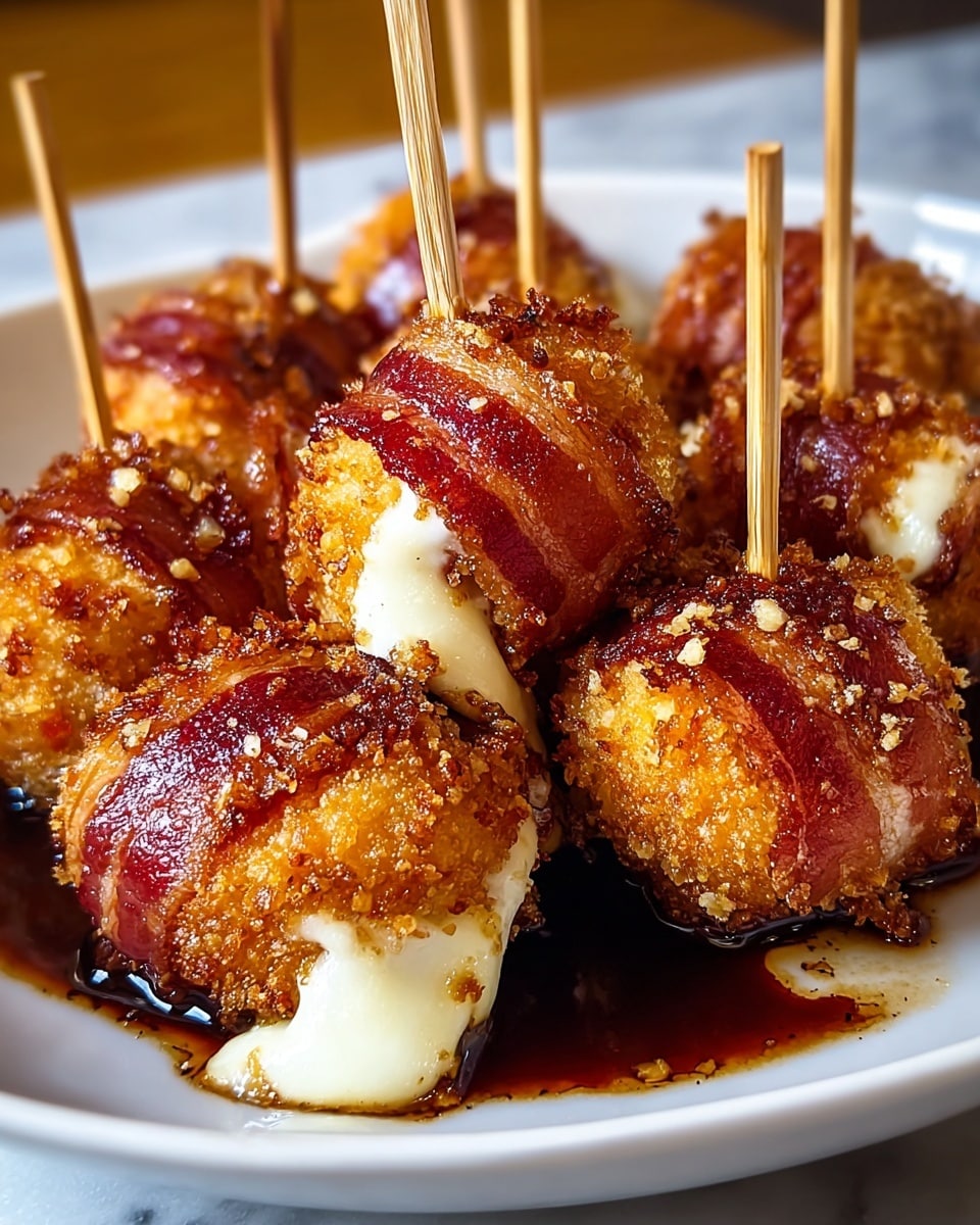 A white plate holds several round, crispy, golden-brown fried balls wrapped with shiny, reddish-brown bacon strips. Each ball shows melted white cheese oozing out at one end, giving a creamy texture contrast. The surface of the balls is crunchy with breadcrumb coating and tiny bits, and they are pierced by light wooden skewers standing upright from each piece. All the balls rest on a shiny layer of dark brown sauce pooling at the bottom, giving a glossy finish. The setting is on a white marbled surface, making the rich colors of the food stand out clearly. Photo taken with an iphone --ar 4:5 --v 7