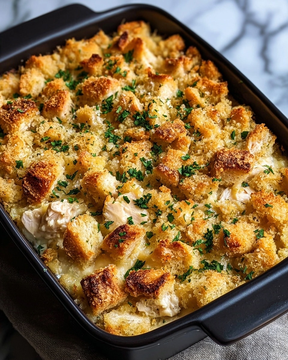 The image shows a baked casserole in a black dish placed on a white marbled surface, topped with a golden-brown crust made of crumbled bread and browned pieces of chicken scattered evenly. The casserole's top layer looks crispy and lightly toasted with bits of green chopped herbs sprinkled across for contrast. The underlying layer appears creamy and thick, visible where some topping pieces are missing, suggesting a rich sauce beneath the crispy crumbs and meat. Photo taken with an iphone --ar 4:5 --v 7