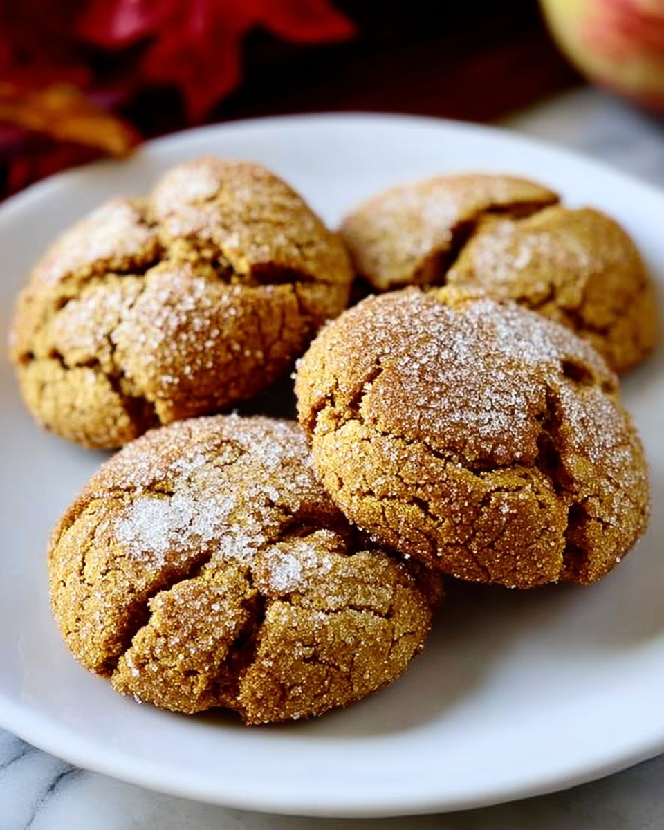 The image shows four round cookies on a white plate placed on a white marbled surface. Each cookie has a rough, cracked texture with a golden-brown color and a light dusting of white sugar on top. The cookies have a slightly raised center and appear soft but slightly crunchy on the edges. The background includes blurred red and brown colors that hint at an autumn setting. photo taken with an iphone --ar 4:5 --v 7