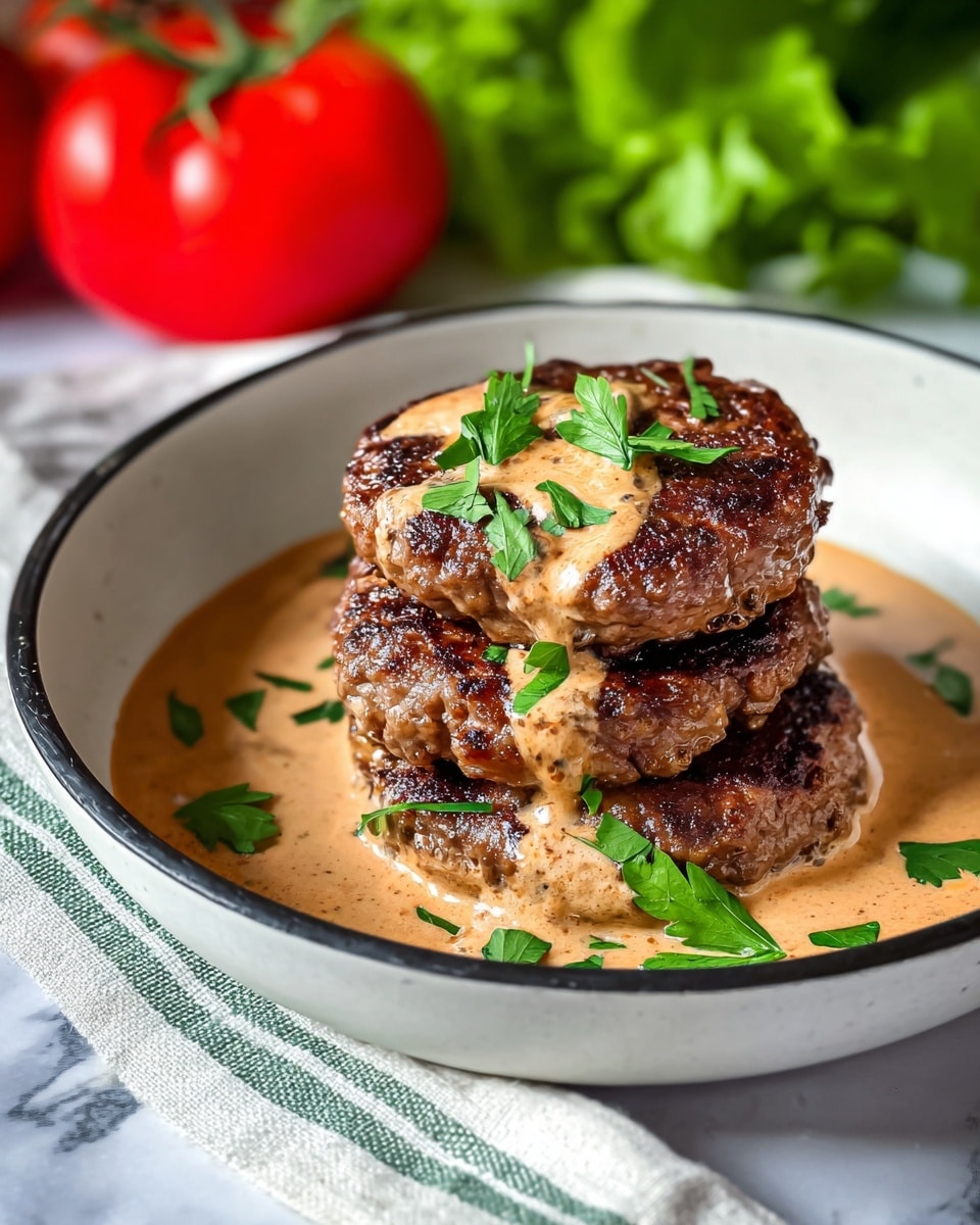 The image shows three thick, round meat patties stacked in a white pan with a black rim. The patties are dark brown with a grilled texture on the outside and have a creamy light brown sauce covering parts of them and pooling around the bottom. Fresh green herb leaves are scattered on top of the patties and sauce for garnish. In the background, there are bright red tomatoes and leafy green lettuce, all set on a white marbled surface with a white and green striped cloth partially visible under the pan. photo taken with an iphone --ar 4:5 --v 7