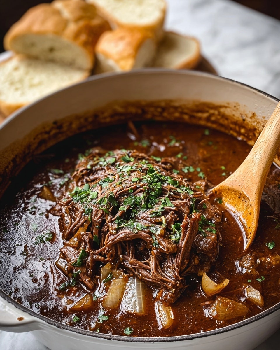 A dark brown stew fills a white pot, thick with a large piece of shredded beef resting in the center, topped with chopped green herbs and soft, translucent onion pieces scattered around. The rich stew has a glossy texture and surrounds the meat, while a light wooden spoon stands on the right side, partly buried in the stew. In the background, blurred pieces of buttered white bread sit on a white marbled surface. photo taken with an iphone --ar 4:5 --v 7