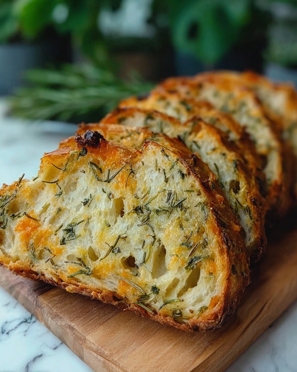 The image shows several slices of golden-brown bread arranged in a slightly fanned-out stack on a wooden board. The bread has a crispy crust with some darker toasted spots on top, and the inside is light with a soft, airy texture filled with small to medium holes. Green herb leaves, likely rosemary, are evenly spread throughout the slices, mixed with melted cheese that has slightly browned in places, adding orange-yellow patches. The background is softly blurred with hints of green from plants, and the board sits on a white marbled surface. photo taken with an iphone --ar 4:5 --v 7
