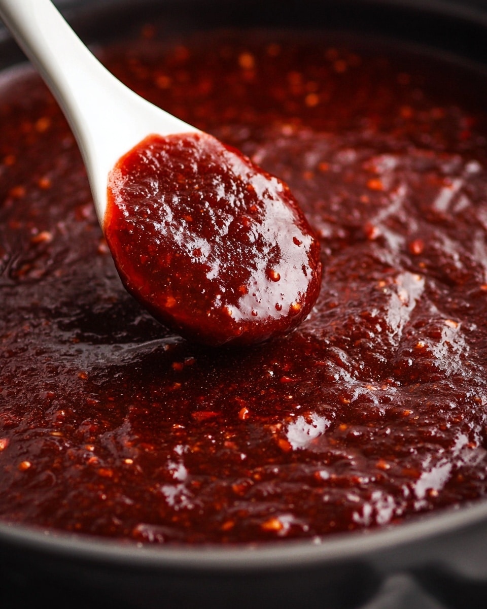 The image shows a close-up of a thick, rich dark red sauce with a glossy, slightly chunky texture. The sauce fills most of the frame and looks dense with small visible bits throughout. A white ceramic spoon is scooping up some of the sauce, showing its smooth yet textured surface, with the sauce clinging thickly to the spoon. The background is blurred, focusing all attention on the deep red sauce and the white spoon. The surface under the pot is not visible clearly but has a white marbled texture effect added. photo taken with an iphone --ar 4:5 --v 7