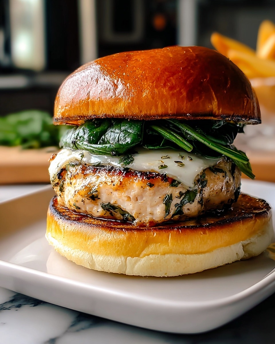 A close-up view of a sandwich with four layers on a white plate with a white marbled surface underneath. The bottom layer is a soft, slightly toasted white bun with light grill marks. On top of that is a thick, grilled chicken patty with visible herbs and spices, showing a juicy, tender texture. Above the chicken is a layer of fresh, dark green leafy spinach topped with a creamy, melted white cheese that drapes softly over the greens. The top layer is a shiny, golden brown bun with a glossy finish and slight charring on the edges. The background is softly blurred, showing a cozy kitchen setting. Photo taken with an iphone --ar 4:5 --v 7