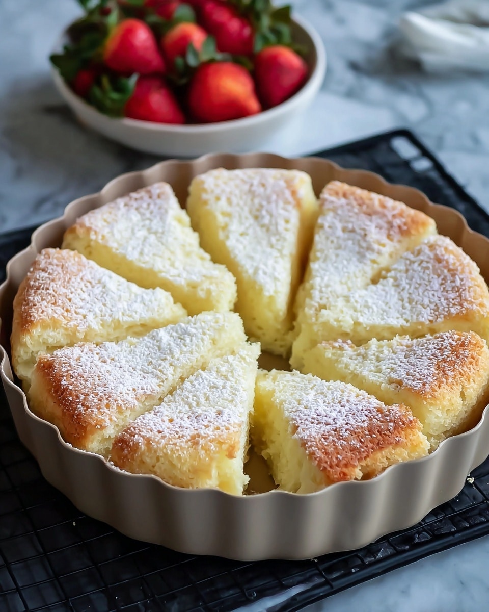 A round, soft, sliced sponge cake is placed in a light-colored, fluted baking dish on a black wire rack. The cake has a golden-brown top with a light dusting of powdered sugar that adds a snowy texture on its surface. The cake is divided into eight slightly uneven pieces, revealing a fluffy, pale yellow interior. In the slightly blurred background, there is a white bowl filled with bright red strawberries and green leaves, resting on a white marbled surface. photo taken with an iphone --ar 4:5 --v 7