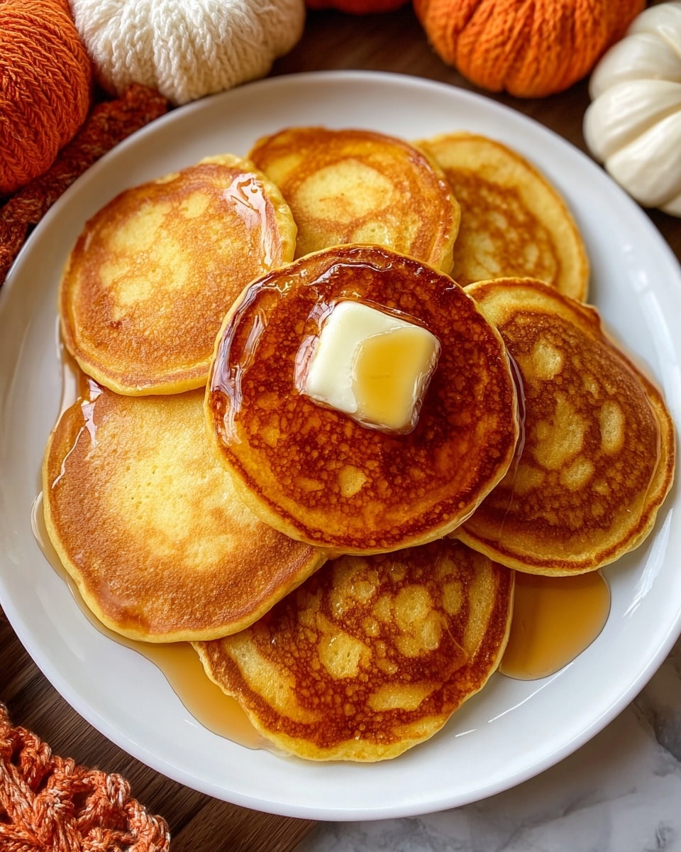 A white round plate holds a stack of six golden brown pancakes, arranged in a slightly overlapping circular pattern. The top pancake has a shiny pat of butter melting in the middle, with amber-colored syrup generously poured over it, dripping down its sides and pooling onto the plate and nearby pancakes. The pancakes have a soft, fluffy texture with a warm, caramelized surface showing some swirled patterns. The plate is set on a white marbled surface with a few soft, knitted orange and cream-colored fabric pumpkins placed on the side. photo taken with an iphone --ar 4:5 --v 7
