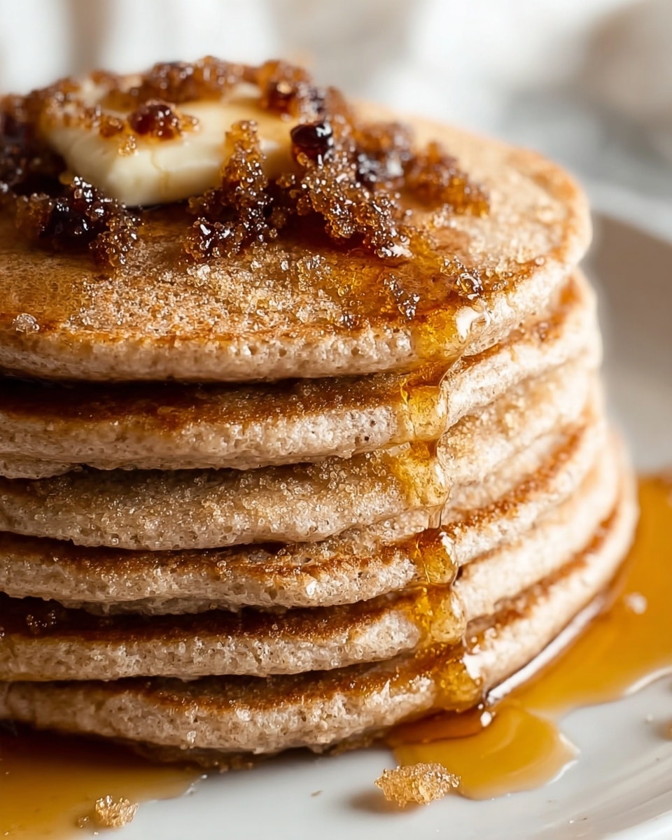 A stack of six golden-brown pancakes sits centered on a white plate, placed on a beige cloth over a white marbled textured surface. Each pancake is thick and fluffy, with uneven, crispy edges. On top of the stack, scattered clumps of moist, dark brown sugar crystals and a light drizzle of glossy amber syrup flow down the sides of the pancakes, pooling slightly on the plate. The syrup catches the light, giving a shiny, sticky look that contrasts with the textured sugar and soft pancakes. photo taken with an iphone --ar 4:5 --v 7