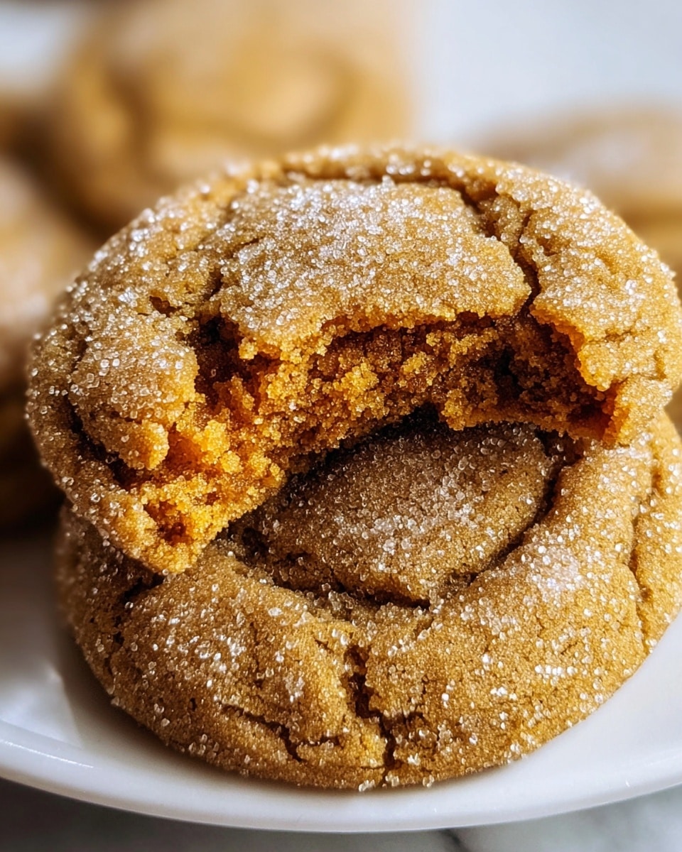 The image shows a close-up view of two soft cookies stacked on top of each other on a white plate, placed on a white marbled surface. The top cookie is slightly broken in the center, revealing a moist and crumbly orange-brown inside with a sugary texture on the surface. The outer layers of the cookie are thin, rough, and cracked, with a light brown color and a sparkling coating of sugar crystals that catch the light. The bottom cookie is mostly hidden but visible around the edges, showing the same light brown color and rough texture as the top cookie, giving a warm, fresh-baked feeling. photo taken with an iphone --ar 4:5 --v 7