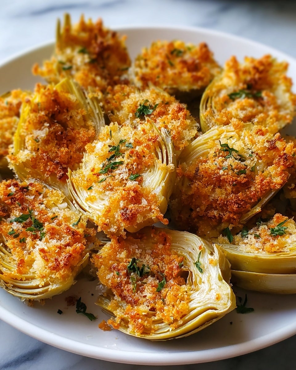 The image shows a white plate filled with golden-brown crispy artichoke halves. Each artichoke half has a browned, crunchy topping made of breadcrumbs and small green herb pieces scattered on top. The artichokes show layered, pale yellow and light green leaves beneath the crunchy crust. The plate sits on a white marbled surface that adds a clean and bright contrast to the warm colors of the food. photo taken with an iphone --ar 4:5 --v 7