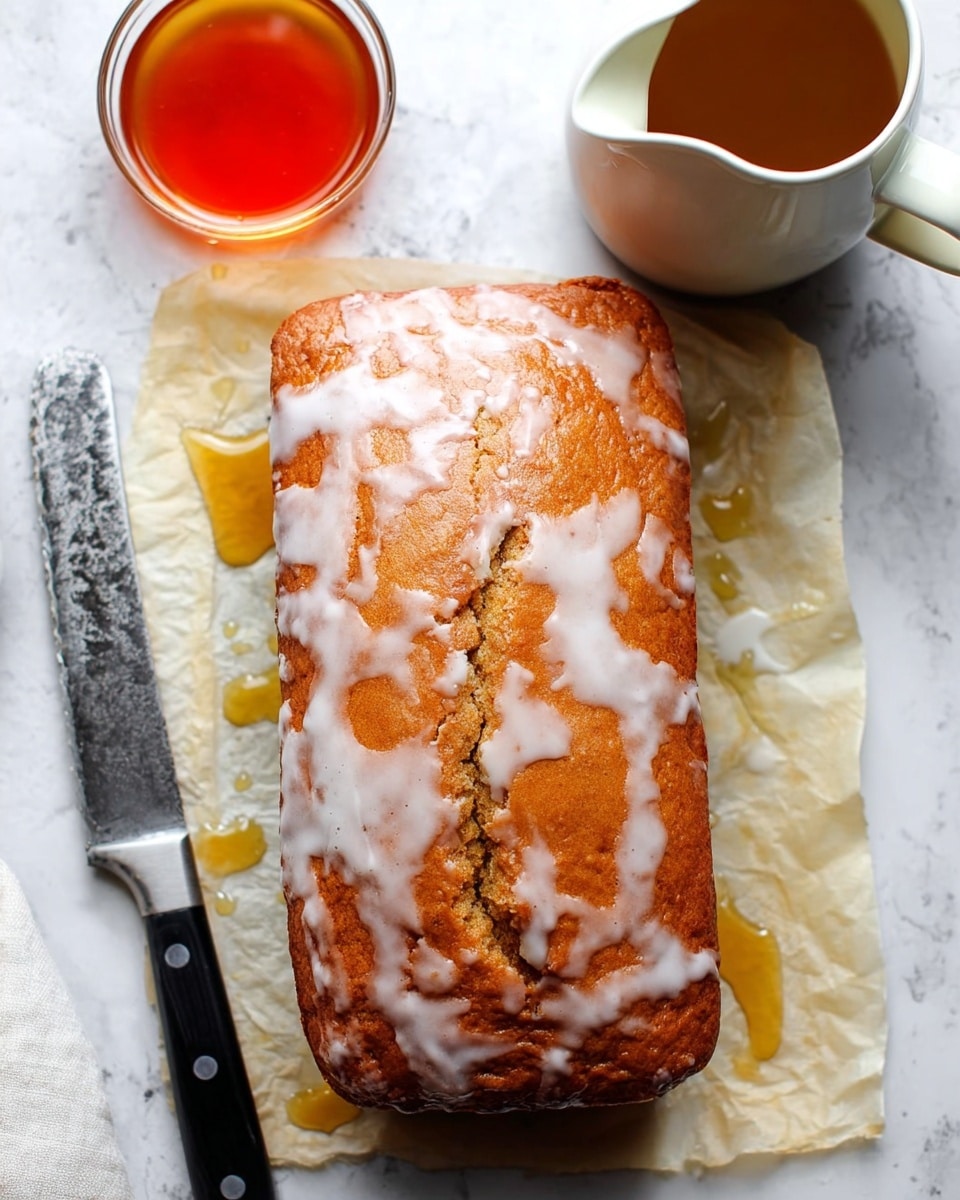 A rectangular loaf of golden-brown cake with an uneven cracked top is covered in a white glaze that drips down the sides and pools slightly on a piece of parchment paper underneath. Next to the loaf is a white pitcher filled with amber-colored syrup and a serrated knife with a black handle placed on the left side. The scene is set on a white marbled textured surface. photo taken with an iphone --ar 4:5 --v 7
