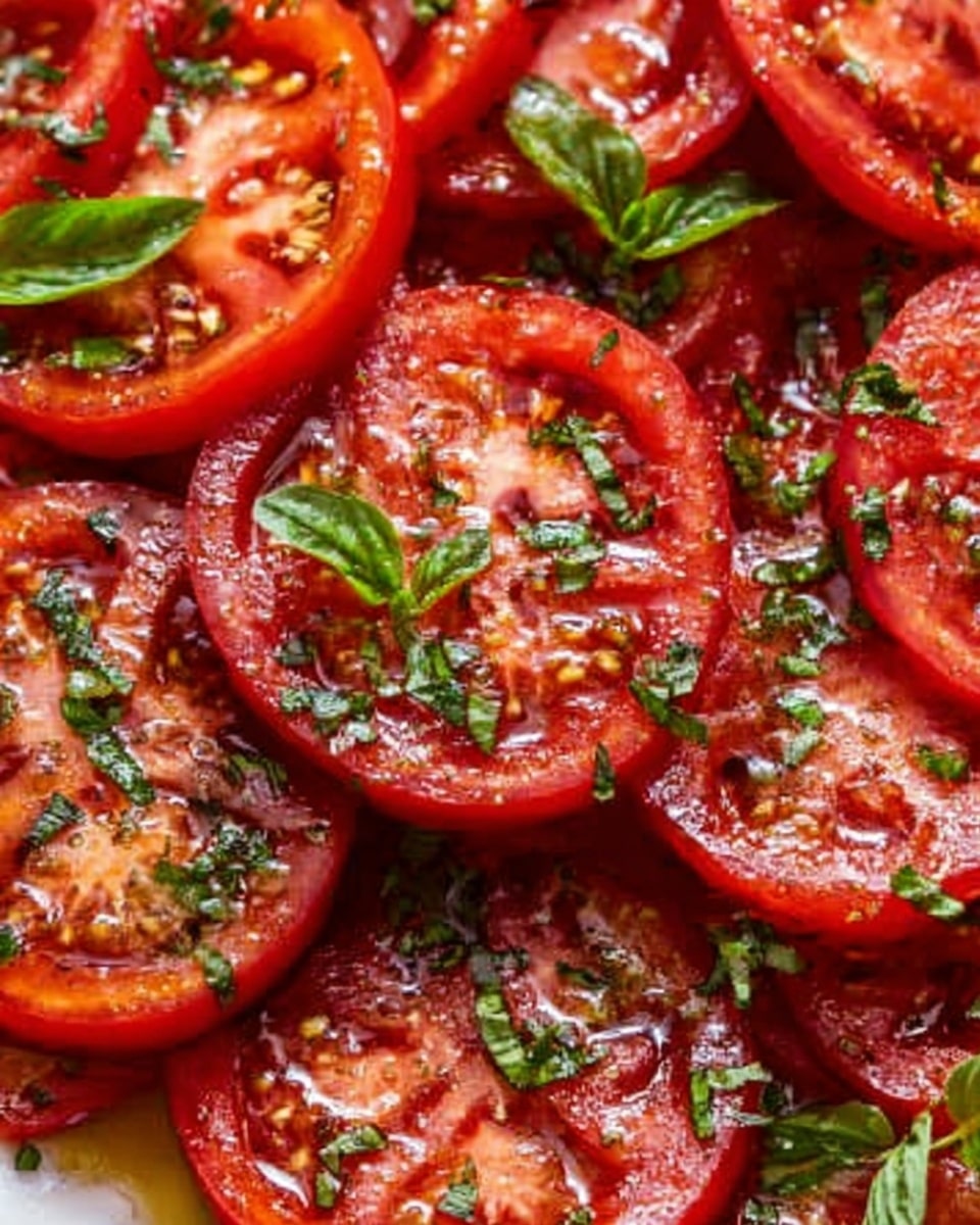 The image shows a close-up of many bright red tomato slices arranged closely together. Each tomato slice has a juicy, glossy texture with small seeds visible in the center. Green herbs, likely basil or parsley, are chopped finely and sprinkled over the tomatoes, adding a fresh green contrast. There are small drops of oil or dressing on the tomato surfaces, making them shine. The background is a white marbled texture. Photo taken with an iphone --ar 4:5 --v 7