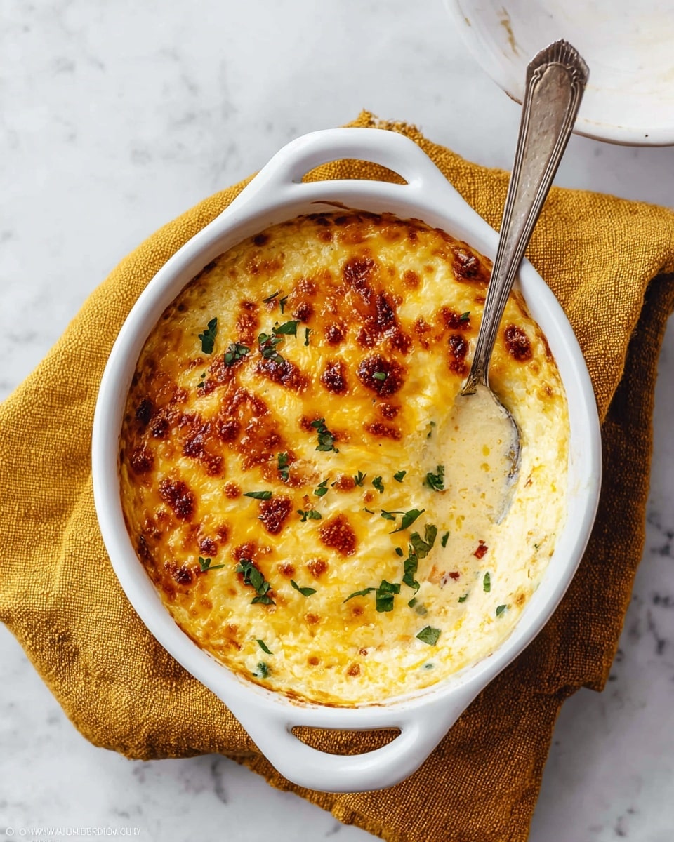 A white bowl with two handles holds a creamy baked dish with a golden-brown melted cheese crust on top, dotted with small browned spots and sprinkled with fresh green herbs. Underneath the bubbly cheese layer, a rich, creamy sauce with visible small bits of vegetables or herbs is partly seen. A vintage silver spoon rests inside the bowl, slightly buried in the creamy sauce. The bowl is placed on a soft mustard yellow cloth, all set against a white marbled surface. photo taken with an iphone --ar 4:5 --v 7