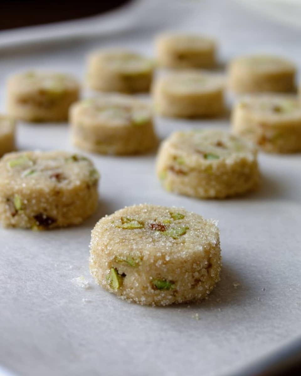 The image shows round, unbaked cookies placed on a sheet of white parchment paper set on a tray. Each cookie is light beige with small green and brown bits inside, possibly nuts or herbs. The cookies have a coarse sugar coating on the edges, giving them a slightly rough texture. They are evenly spaced, with several rows visible, and the focus is on one cookie in the foreground while others blur softly in the background. The surface beneath the tray is a white marbled texture. Photo taken with an iphone --ar 4:5 --v 7