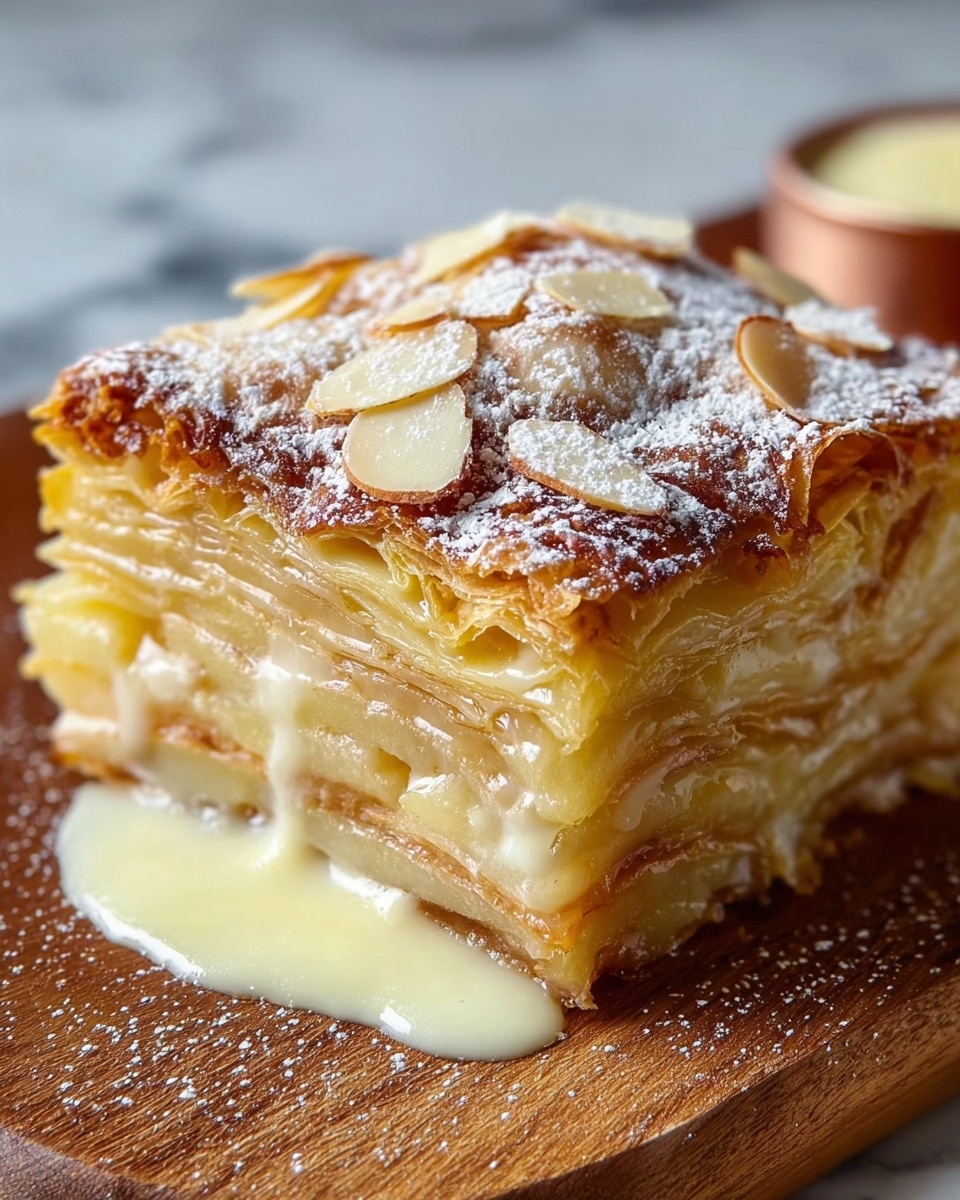 A square piece of layered apple dessert is shown on a wooden board, with many thin pale yellow layers of cooked apple stacked tightly together inside. The top layer is browned and slightly crispy, covered with a dusting of white powdered sugar and thin almond slices scattered across. A small amount of creamy, pale yellow sauce is oozing out from one side near the bottom. The wooden board contrasts with the white marbled texture in the background. photo taken with an iphone --ar 4:5 --v 7