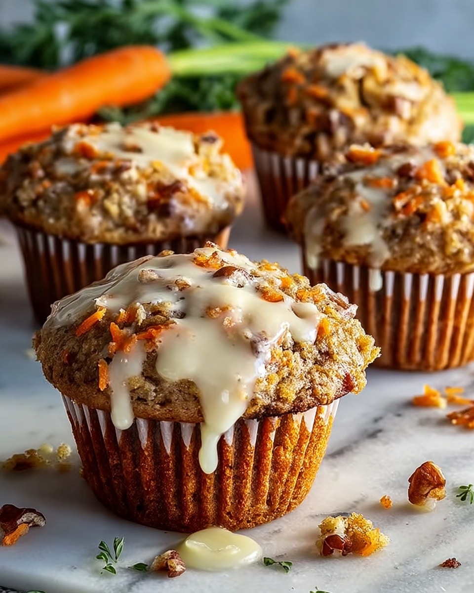 The image shows four carrot muffins arranged on a white marbled surface, each with a rough top texture full of orange carrot bits and small brown nut pieces. The muffin in the foreground is larger and topped with a light cream-colored glaze dripping slightly down the sides. The muffins have a golden-brown base with white muffin liners. Small pieces of carrot and crumbs are scattered around the base. The background is softly blurred with some green leaves visible. photo taken with an iphone --ar 4:5 --v 7