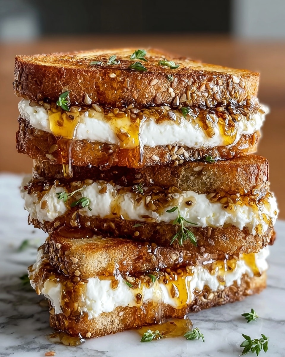 This image shows a close-up of a three-layer sandwich stacked on top of each other on a white marbled surface. Each layer consists of golden-brown toasted bread with a visible crunchy seed crust. Between the layers, there is a thick spread of creamy, white cheese that looks soft and slightly fluffy. Drizzled over the cheese and bread is a glossy honey or syrup with darker bits that look like seeds or spices, creating a sticky texture. Small green herb leaves are scattered on top and between the layers, adding a touch of fresh color. The sandwich looks rich and textured, with the syrup dripping slightly down the sides. photo taken with an iphone --ar 4:5 --v 7