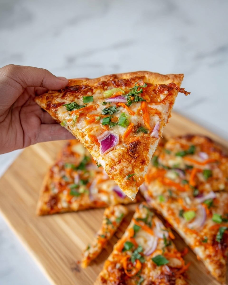 A slice of pizza with a golden-brown crust is held by a woman's hand in the foreground. The pizza slice has a melted layer of cheese on top with visible bits of orange grated carrot, thin slices of red onion, and small green herb leaves scattered across. Behind this slice, the rest of the pizza is on a wooden board, cut into multiple slices and topped with the same ingredients, showing a mix of green herbs, orange carrot sticks, and bits of red onion over a layer of cheese and sauce. The wooden board rests on a white marbled textured surface. photo taken with an iphone --ar 4:5 --v 7