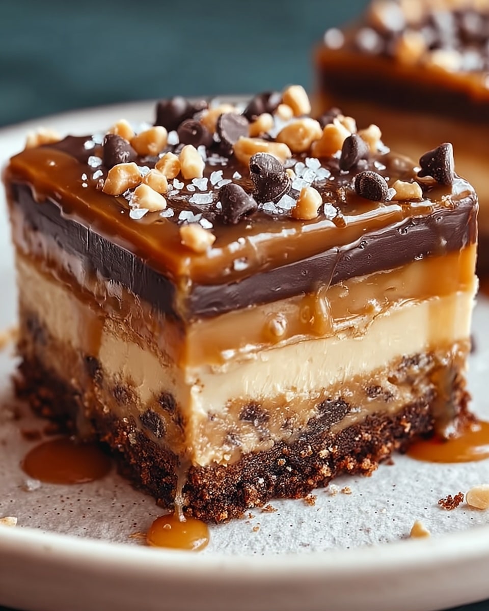 A close-up image of a square dessert bar with four visible layers, placed on a white plate with a white marbled textured surface. The bottom layer is a dark brown crumbly base with small chunks. Above it is a creamy, light tan layer with a smooth texture, followed by a thick, glossy dark chocolate layer. The topmost layer is a shiny caramel layer with a rich golden-brown color, sprinkled with dark chocolate chips, small light brown nuts, and flakes of sea salt. Some caramel drips slightly down the side. Photo taken with an iphone --ar 4:5 --v 7