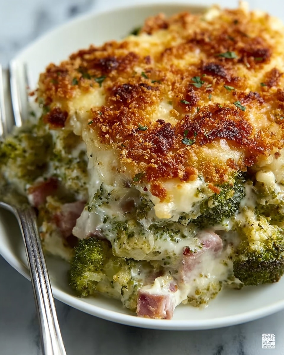 A close-up of a baked broccoli casserole served on a white plate, showing two layers: the bottom layer is a creamy mix of broccoli florets, bits of ham, and herbs with a soft texture and green spots from the broccoli; the top layer is a golden-brown, crispy cheese crust with toasted breadcrumbs, giving a crunchy texture with crispy edges and darker toasted spots, slightly uneven and bubbly. The plate is on a white marbled surface, and a silver fork is positioned on the left side. photo taken with an iphone --ar 4:5 --v 7