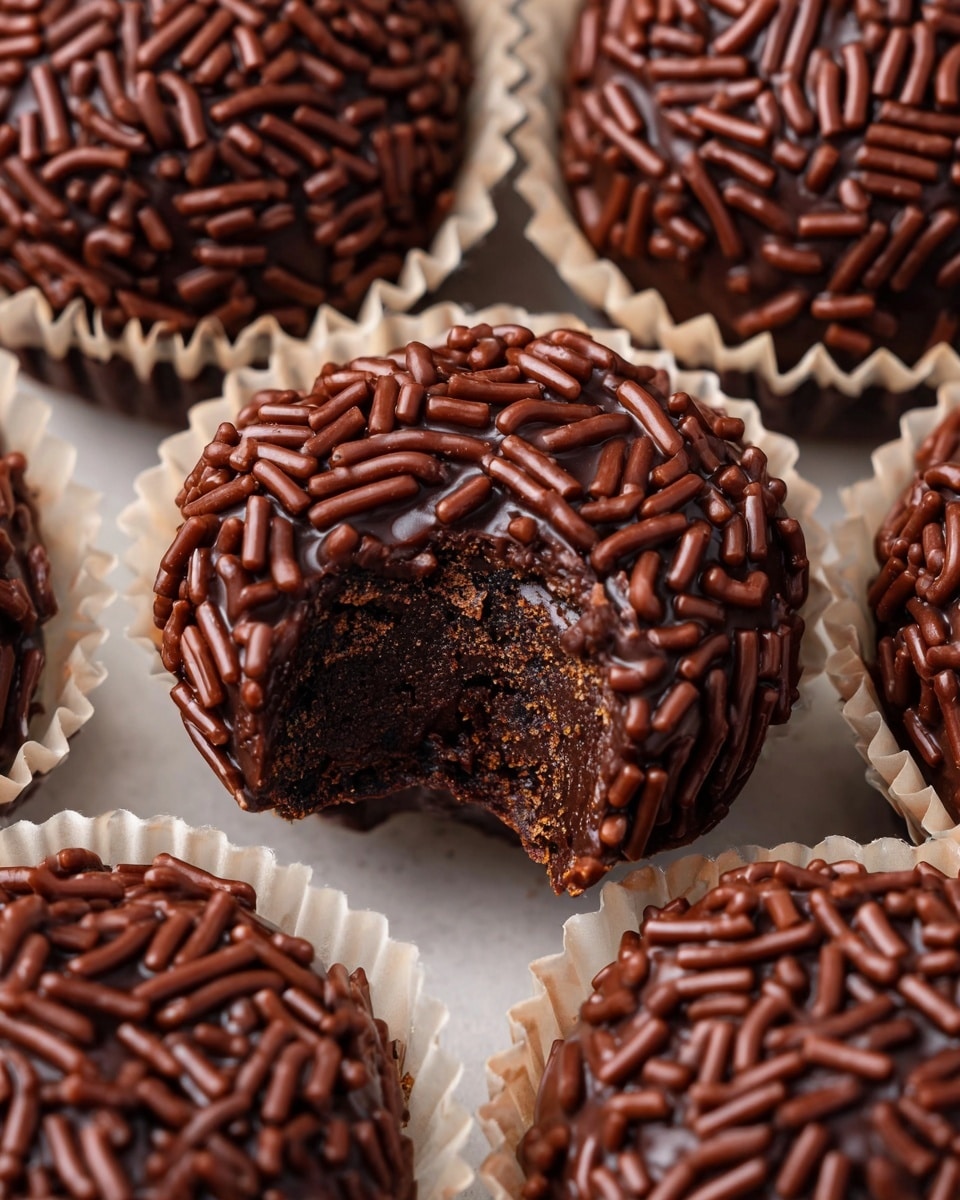 The image shows a close-up of several round chocolate treats, each covered with thick, glossy chocolate sprinkles. Each treat is set in a white paper cup with a slightly crinkled edge. The top layer of the treats is smooth dark chocolate with visible spoon marks, topped and surrounded by rough-textured, cylinder-shaped chocolate sprinkles that add a bumpy look. One treat in the middle has a small bite taken out, showing a moist, dense chocolate interior. The treats rest on a white marbled surface, making the rich dark colors stand out. photo taken with an iphone --ar 4:5 --v 7